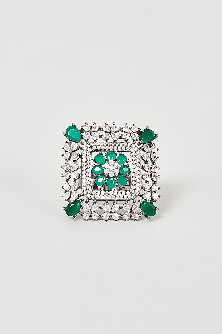 Black Rhodium Finish Faux Diamond & Emerald Ring by Aster