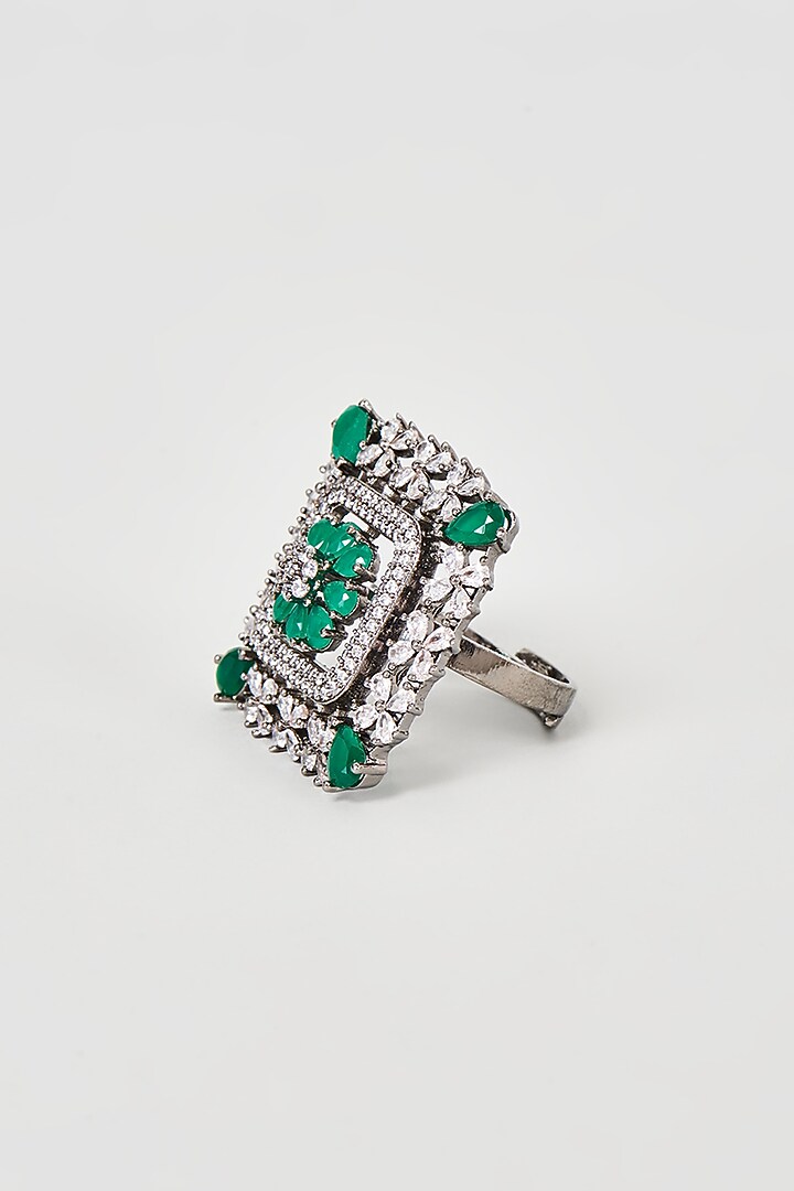 Black Rhodium Finish Faux Diamond & Emerald Ring by Aster at Pernia's Pop Up Shop