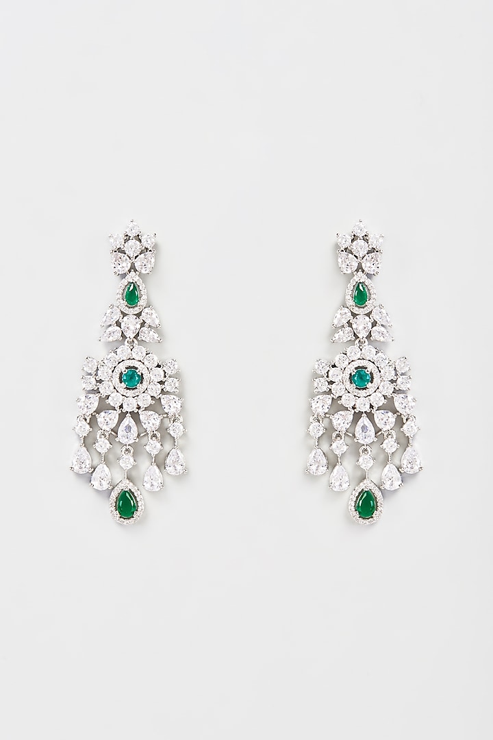 White Finish Faux Diamond & Emerald Dangler Earrings by Aster