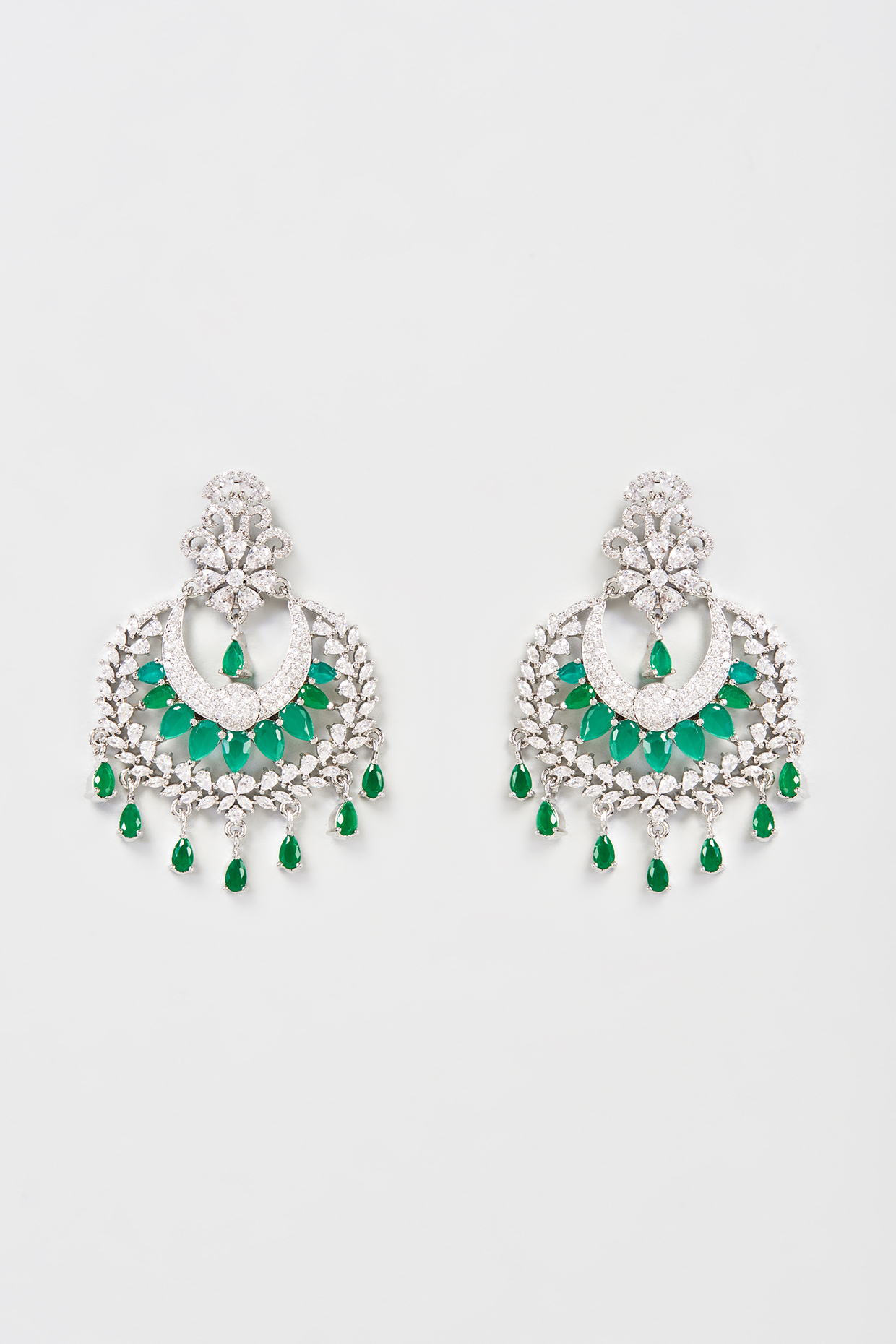 White Finish Faux Diamond & Emerald Chandbali Earrings by Aster