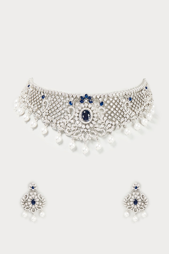 White Finish Faux Diamond & Blue Synthetic Stone Choker Necklace Set by Aster