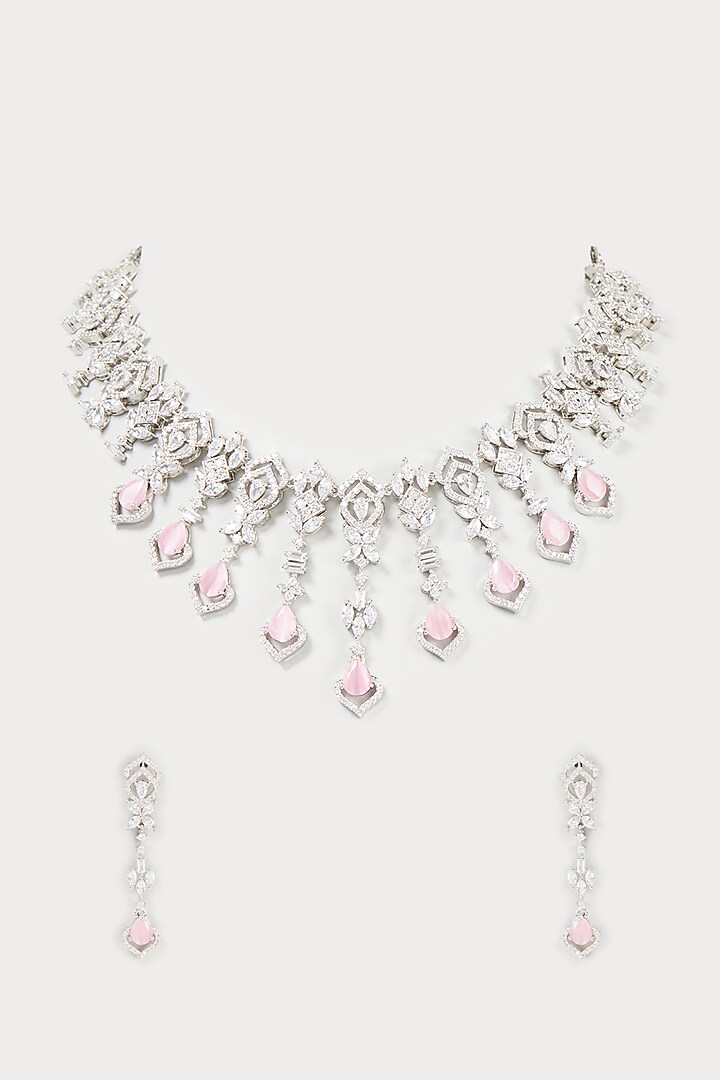 White Finish Faux Diamond & Pink Synthetic Stone Necklace Set by Aster at Pernia's Pop Up Shop