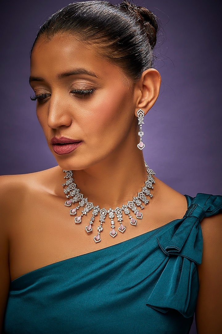White Finish Faux Diamond & Pink Synthetic Stone Necklace Set by Aster at Pernia's Pop Up Shop