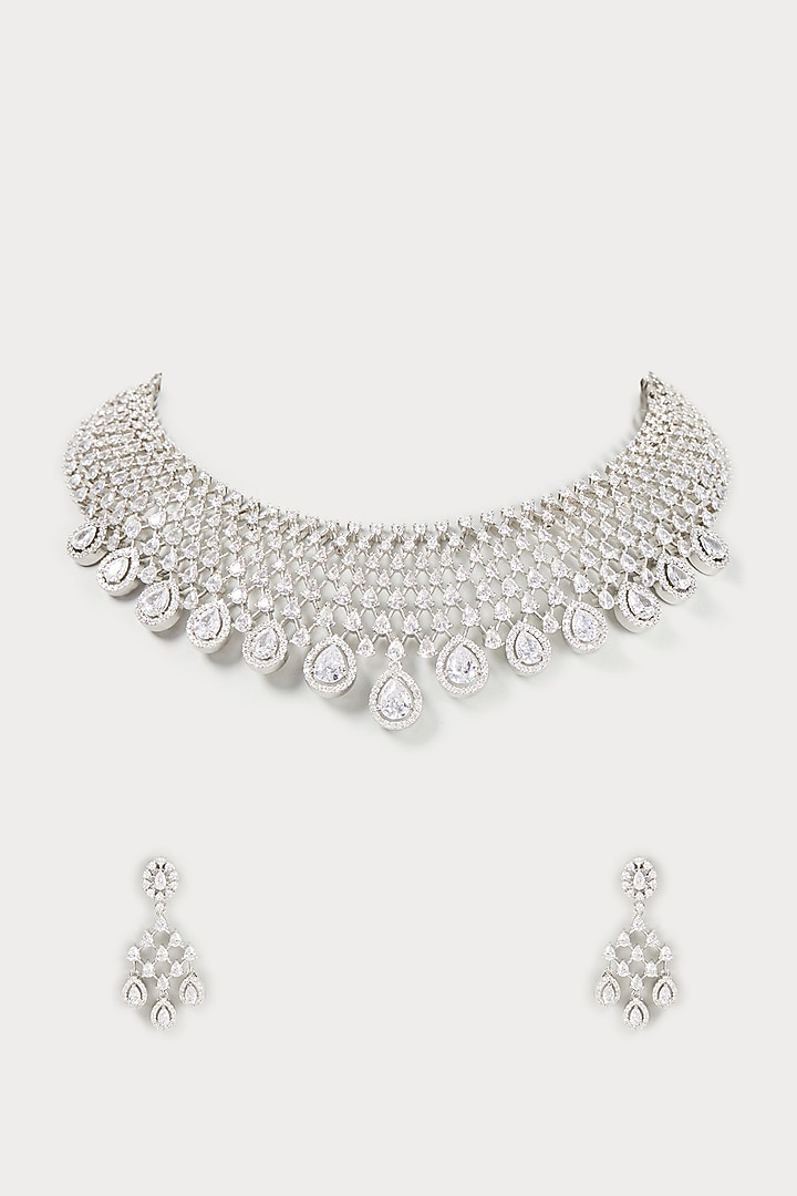 White Finish Faux Diamond Choker Necklace Set by Aster at Pernia's Pop Up Shop