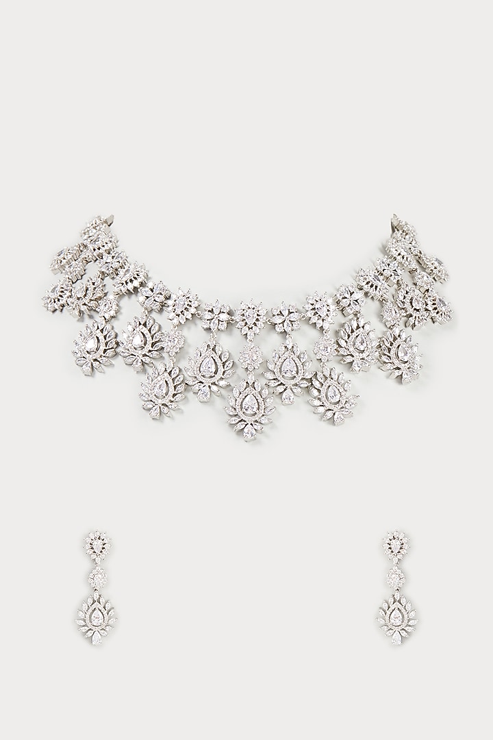 White Finish Faux Diamond Necklace Set by Aster at Pernia's Pop Up Shop