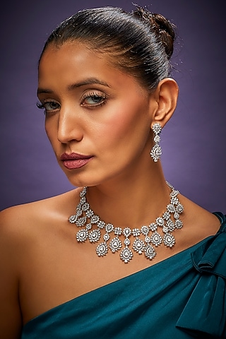White Finish Faux Diamond Necklace Set by Aster