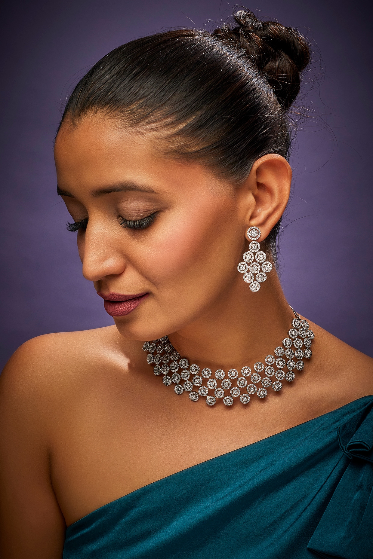 White Finish Faux Diamond Choker Necklace Set by Aster at White Finish Faux Diamond Choker Necklace Set by Aster at