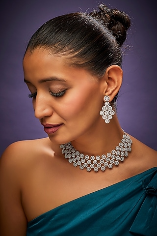 White Finish Faux Diamond Choker Necklace Set by Aster