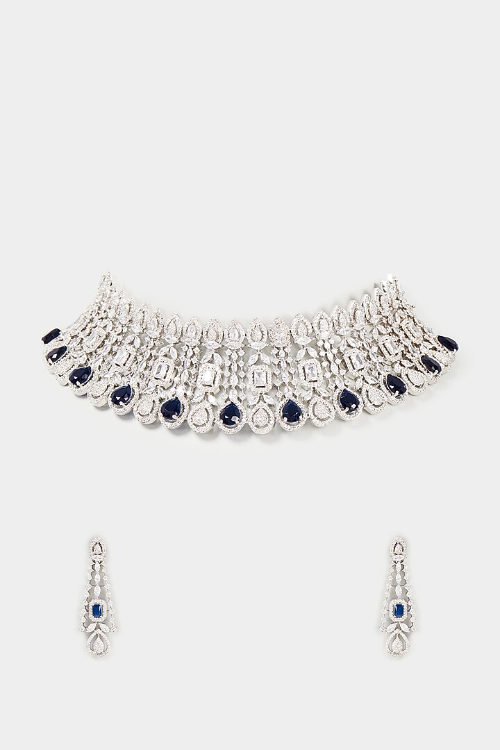 White Finish Faux Diamond & Blue Synthetic Stone Choker Necklace Set by Aster at Pernia's Pop Up Shop