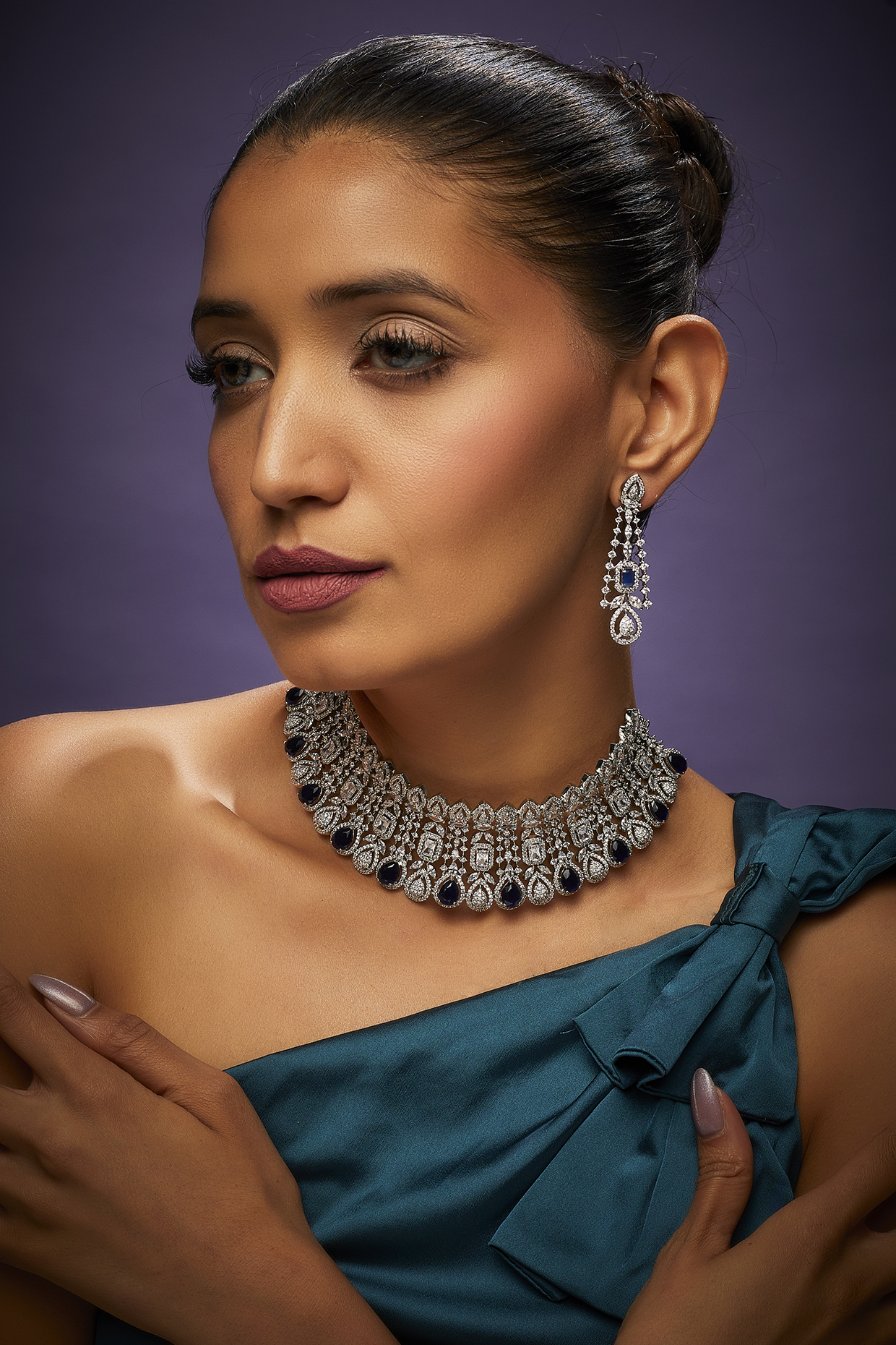White Finish Faux Diamond & Blue Synthetic Stone Choker Necklace Set by Aster at Pernia's Pop Up Shop