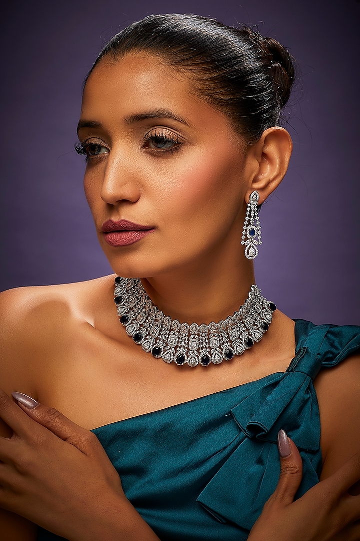 White Finish Faux Diamond & Blue Synthetic Stone Choker Necklace Set by Aster at Pernia's Pop Up Shop