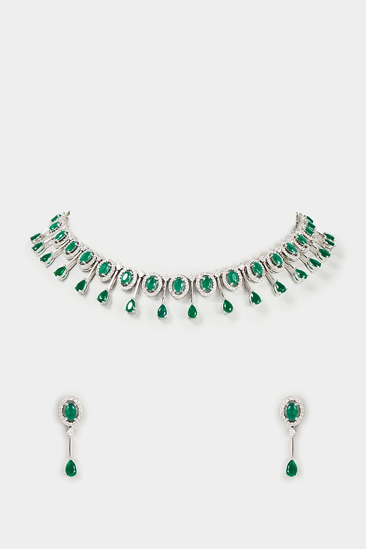 White Finish Faux Diamond & Emerald Synthetic Stone Necklace Set by Aster at Pernia's Pop Up Shop