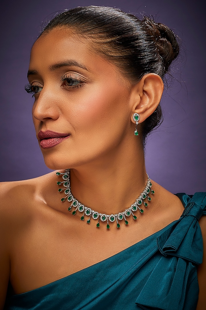 White Finish Faux Diamond & Emerald Synthetic Stone Necklace Set by Aster at Pernia's Pop Up Shop