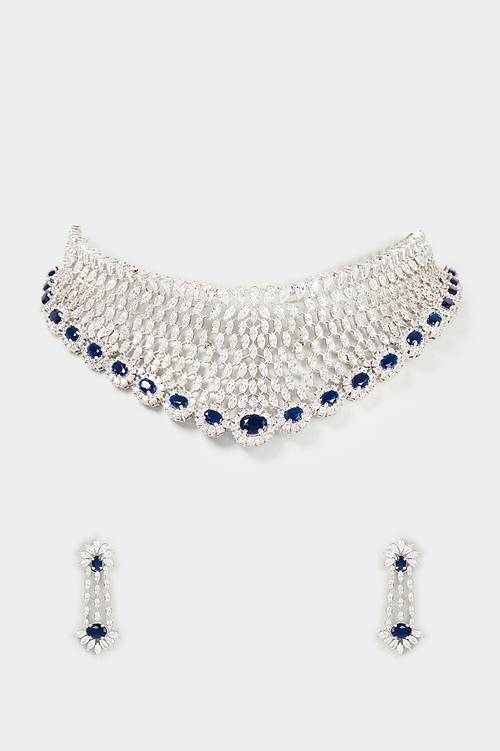 White Finish Faux Diamond & Blue Synthetic Stone Choker Necklace Set by Aster at Pernia's Pop Up Shop