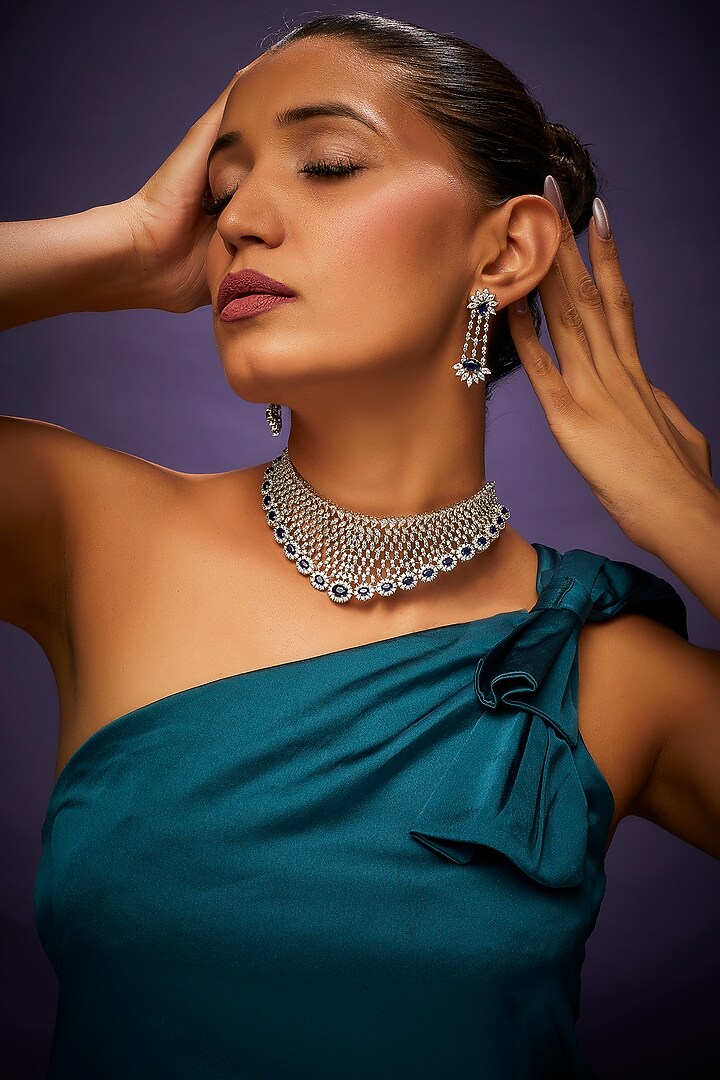 White Finish Faux Diamond & Blue Synthetic Stone Choker Necklace Set by Aster at Pernia's Pop Up Shop