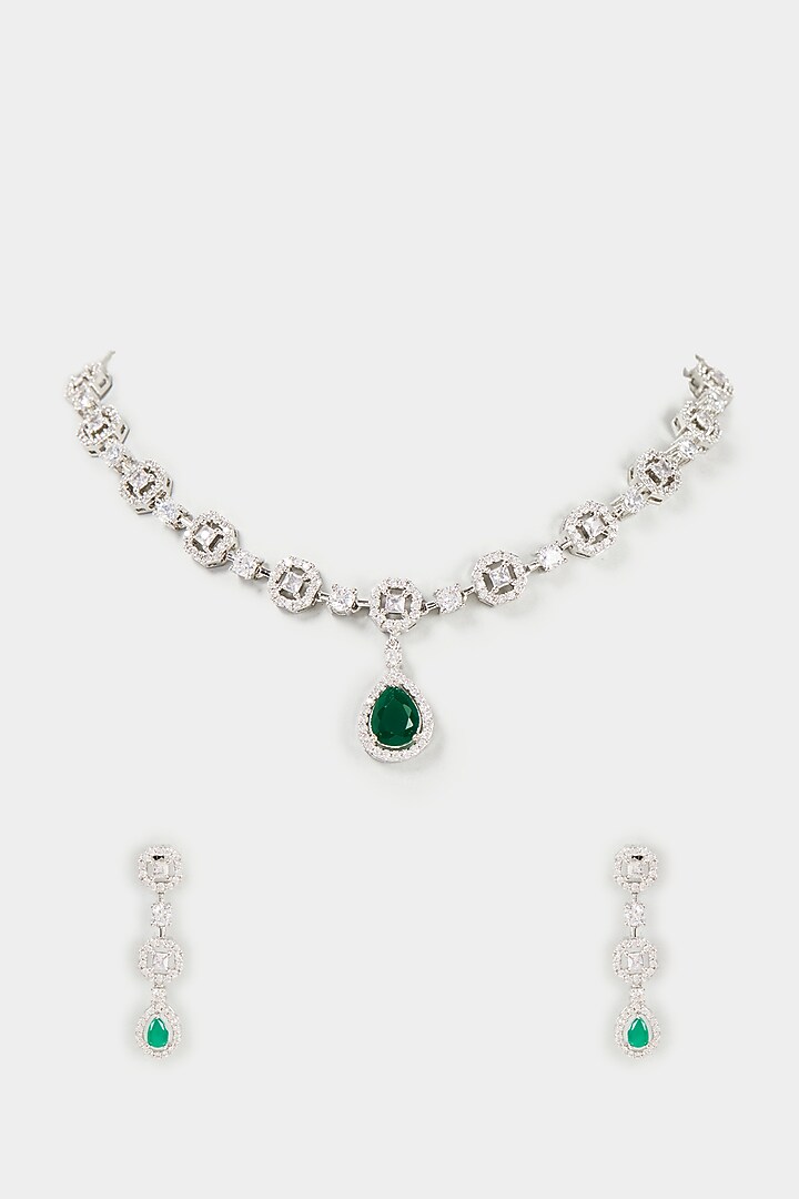 White Finish Faux Diamond & Emerald Synthetic Stone Necklace Set by Aster at Pernia's Pop Up Shop