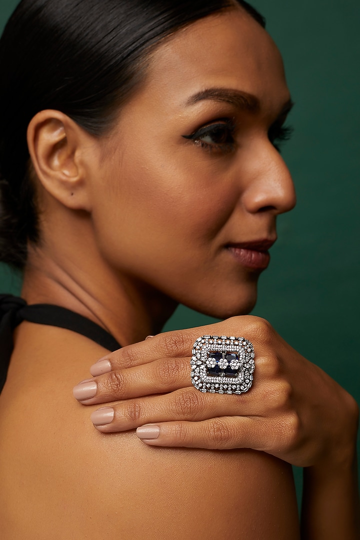 White Finish Faux Diamond & Blue Synthetic Stone Ring by Aster at Pernia's Pop Up Shop