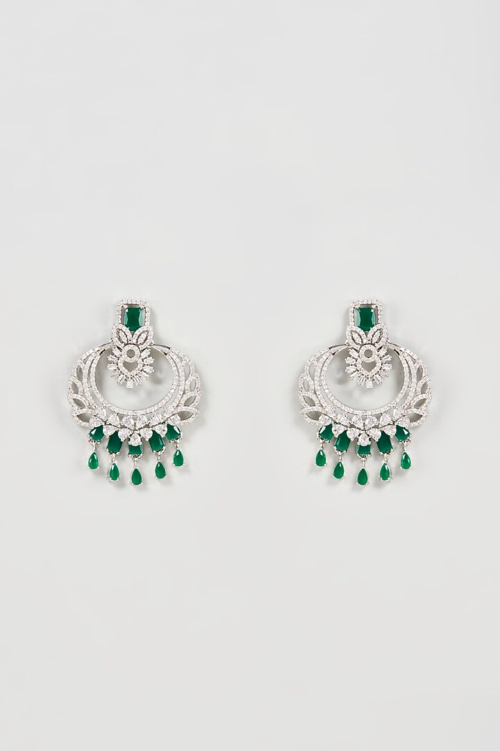 White Finish Faux Diamond & Green Stone Dangler Earrings by Aster at Pernia's Pop Up Shop