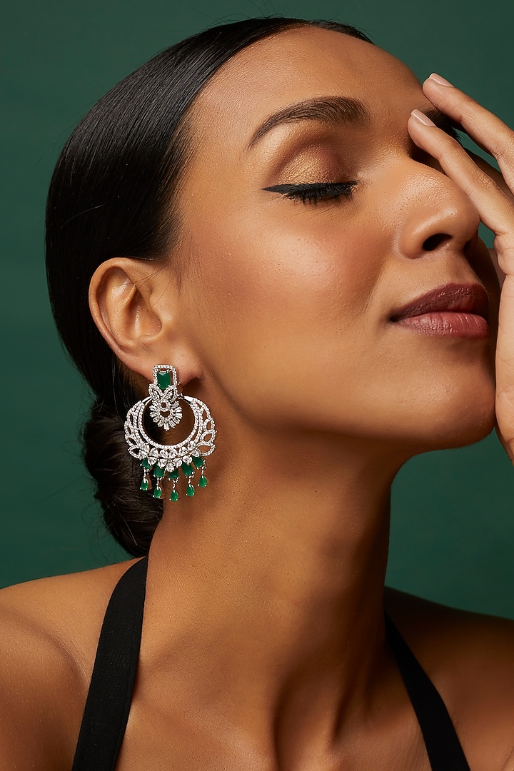 White Finish Faux Diamond & Green Stone Dangler Earrings by Aster at Pernia's Pop Up Shop