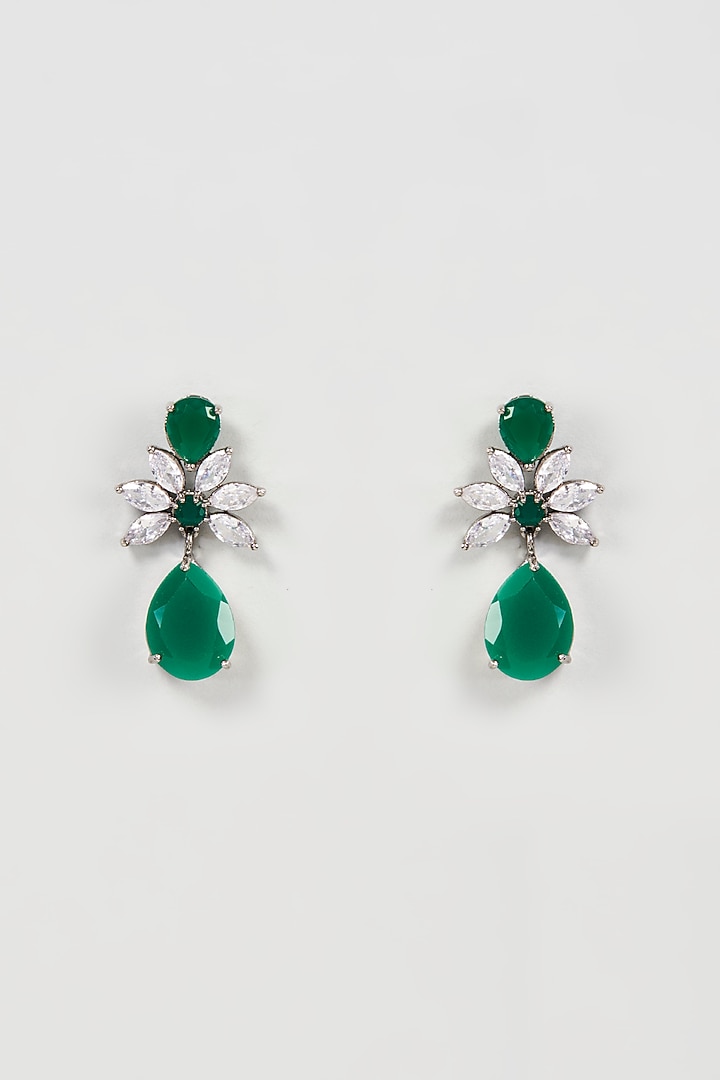 White Finish Faux Diamond & Green Stone Dangler Earrings by Aster at Pernia's Pop Up Shop