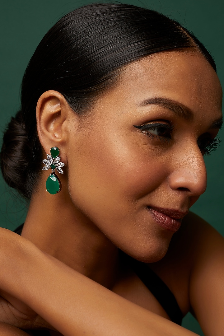 White Finish Faux Diamond & Green Stone Dangler Earrings by Aster at Pernia's Pop Up Shop