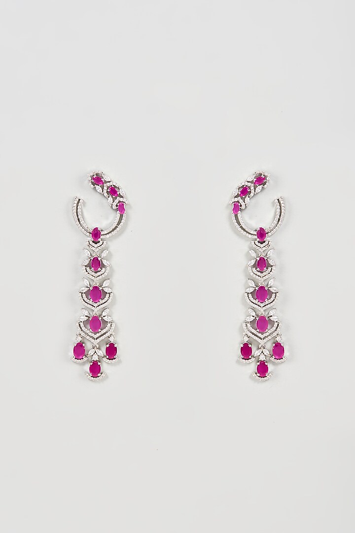 White Finish Faux Diamond & Red Stone Dangler Earrings by Aster at Pernia's Pop Up Shop