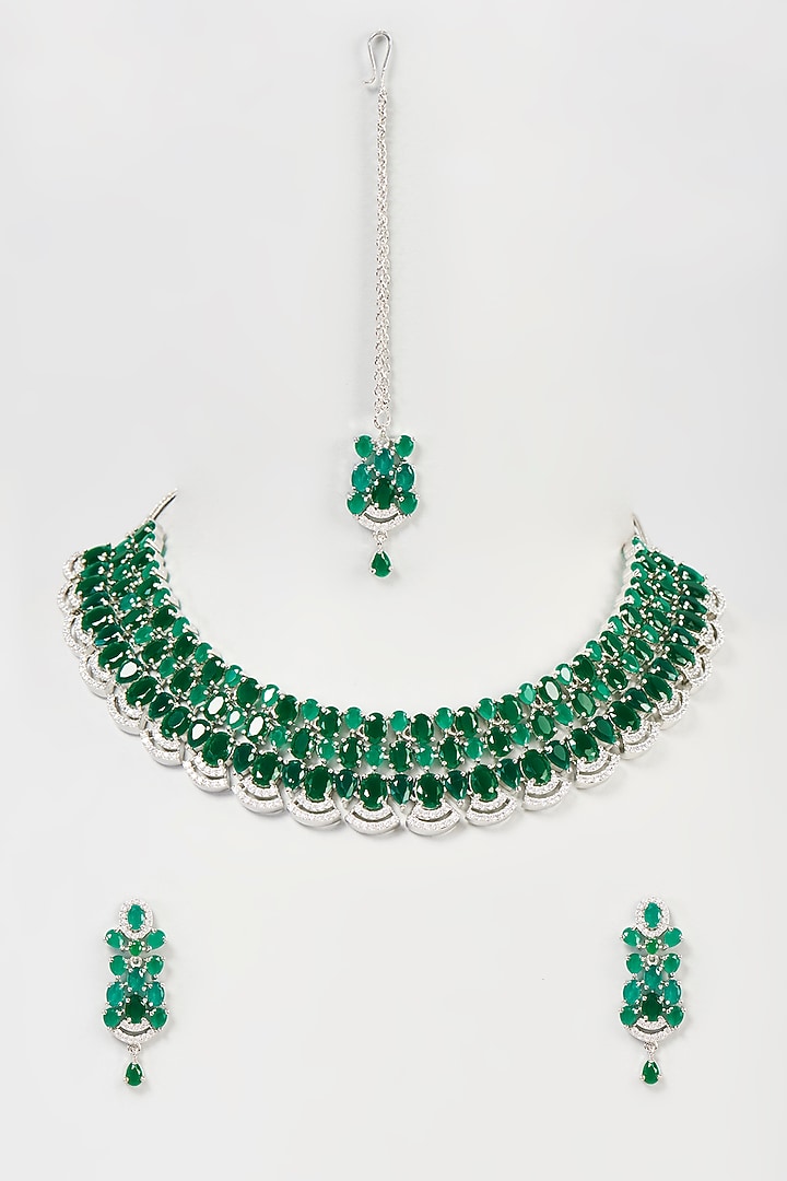 White Finish White & Green Faux Diamond Necklace Set by Aster at Pernia's Pop Up Shop