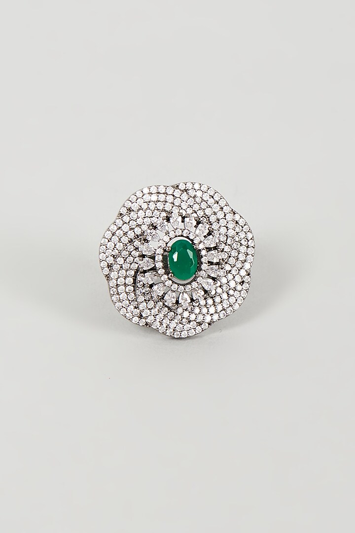 White Finish Faux Diamond & Green Synthetic Stone Ring by Aster at Pernia's Pop Up Shop