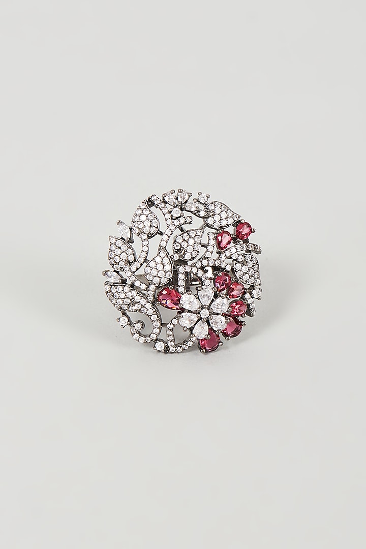Black Rhodium Finish Faux Diamond & Ruby Synthetic Stone Ring by Aster