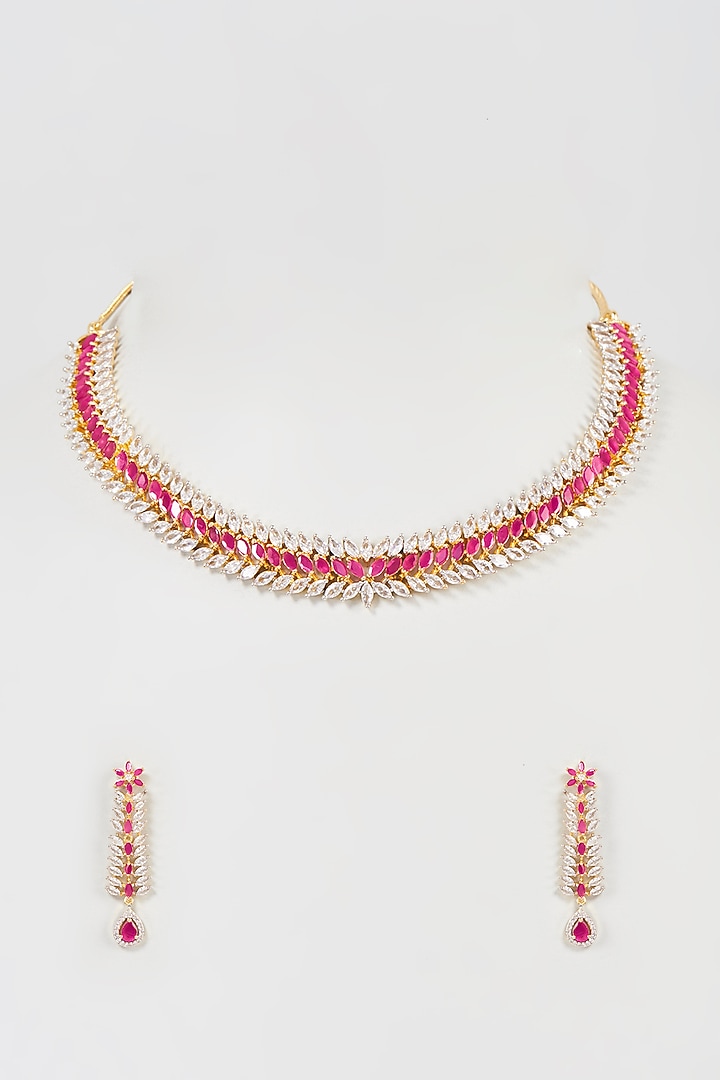 Gold Finish Faux Diamond & Ruby Synthetic Stone Choker Necklace Set by Aster at Pernia's Pop Up Shop
