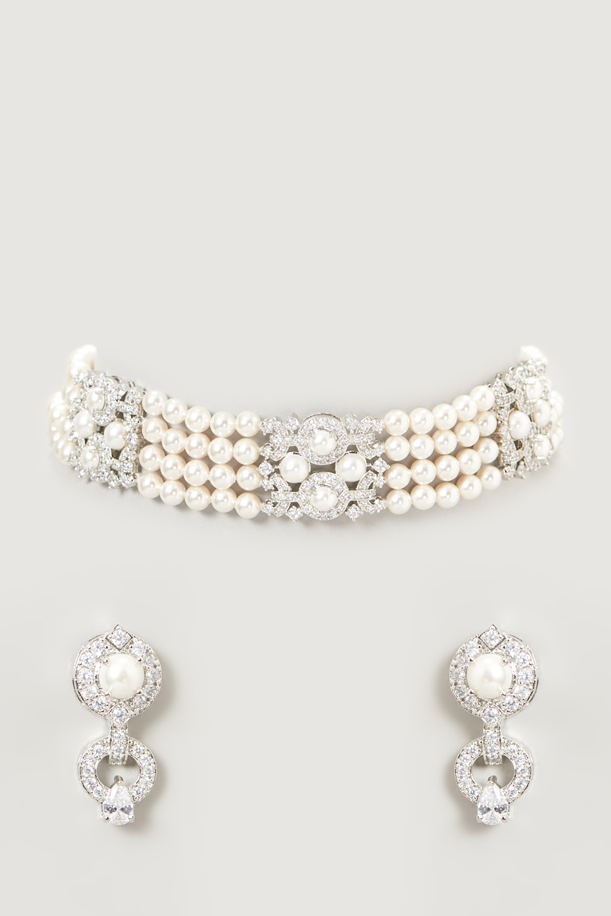White Finish Faux Diamond & Pearl Choker Necklace Set by
