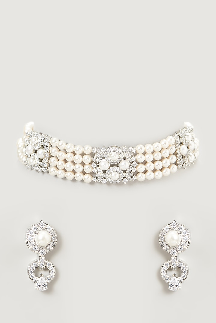 White Finish Faux Diamond & Pearl Choker Necklace Set by Aster at Pernia's Pop Up Shop
