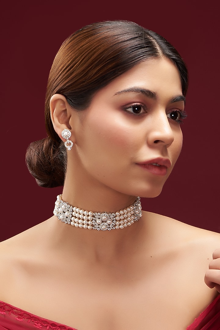 White Finish Faux Diamond & Pearl Choker Necklace Set by Aster at Pernia's Pop Up Shop
