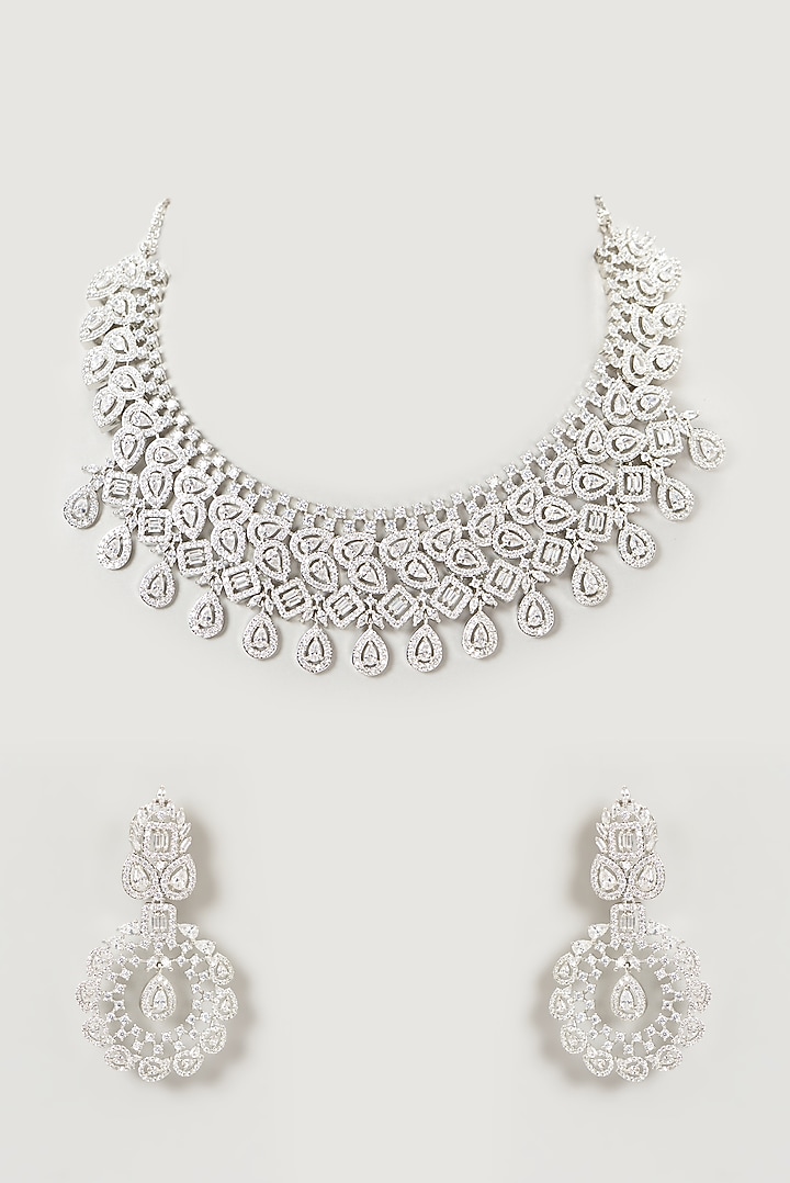 White Finish Faux Diamond Necklace Set by Aster at Pernia's Pop Up Shop