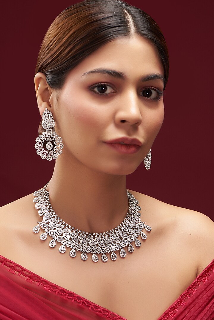 White Finish Faux Diamond Necklace Set by Aster at Pernia's Pop Up Shop