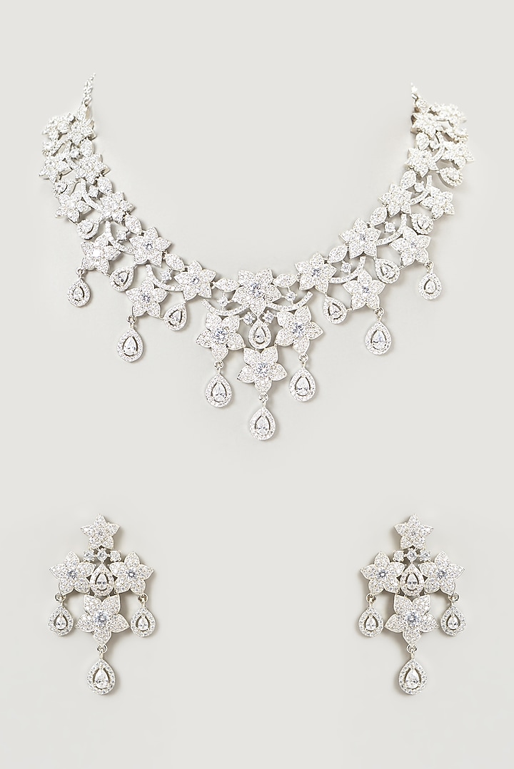 White Finish Faux Diamond Necklace Set Design by Aster at Pernia's Pop