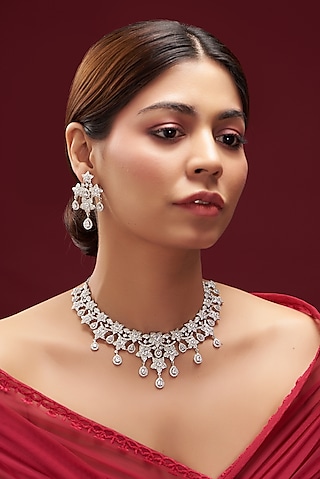 White Finish Faux Diamond Necklace Set by Aster