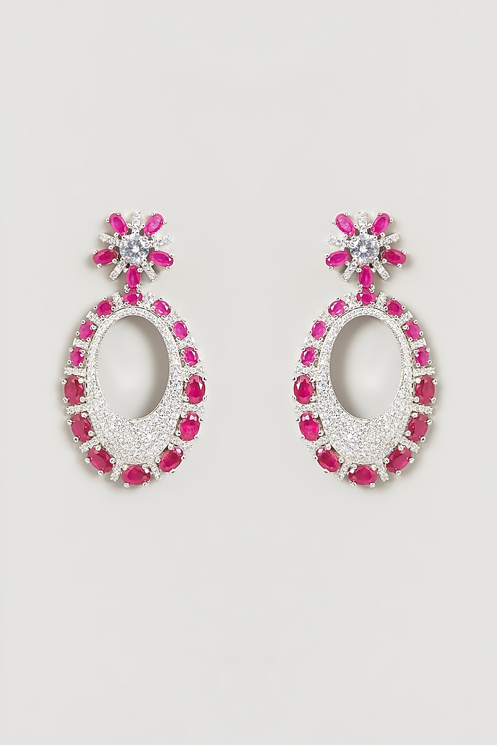White Finish Faux Diamond & Ruby Dangler Earrings by Aster at Pernia's Pop Up Shop