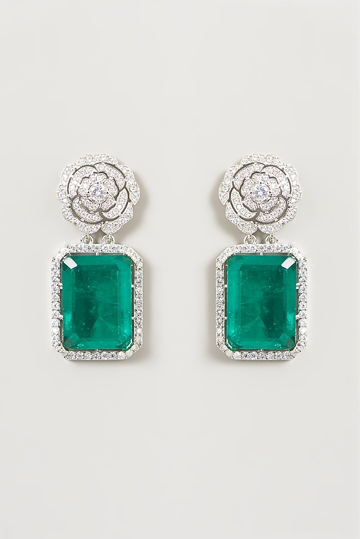 White Finish Faux Doublet Diamond & Emerald Dangler Earrings by Aster at Pernia's Pop Up Shop