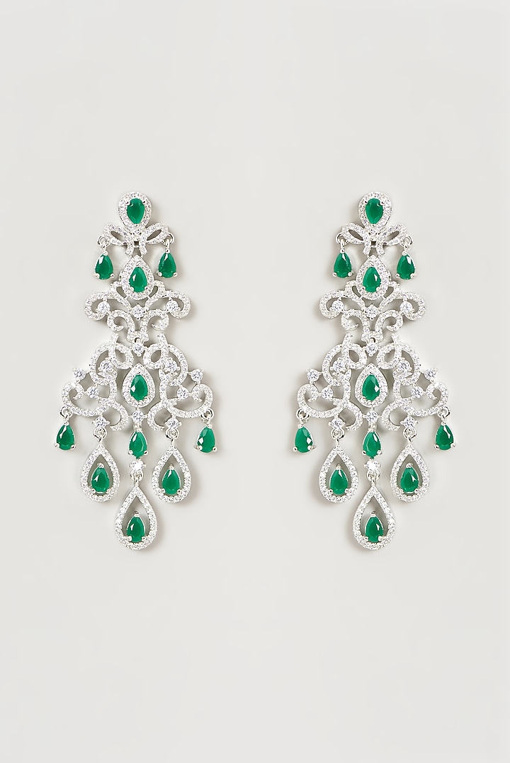 White Finish Faux Diamond & Emerald Dangler Earrings by Aster at Pernia's Pop Up Shop