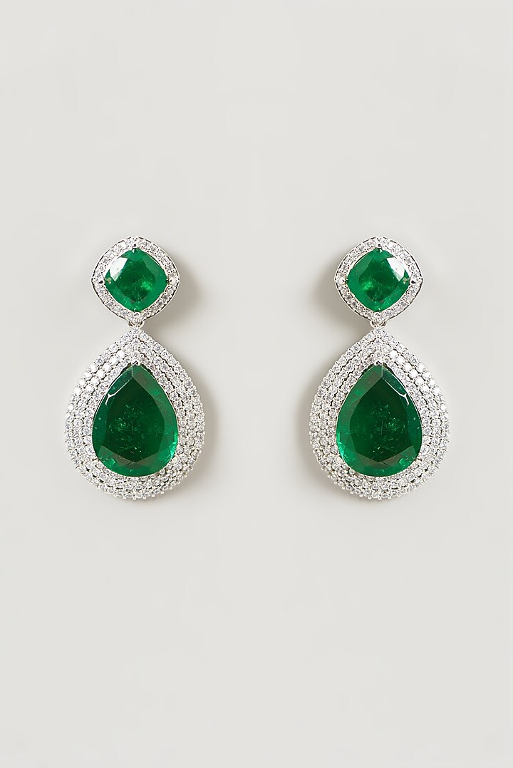 White Finish Faux Diamond & Emerald Dangler Earrings by Aster at Pernia's Pop Up Shop