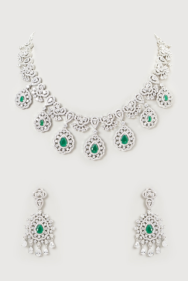 White Finish Emerald & Faux Diamond Necklace Set by Aster at Pernia's Pop Up Shop