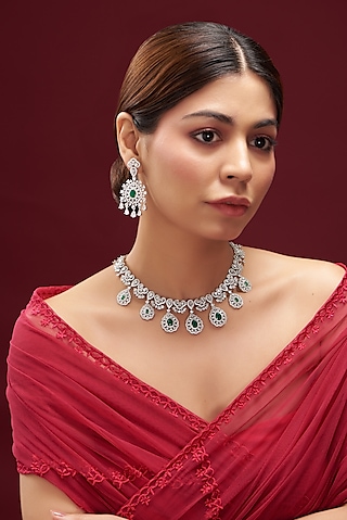 White Finish Emerald & Faux Diamond Necklace Set by Aster