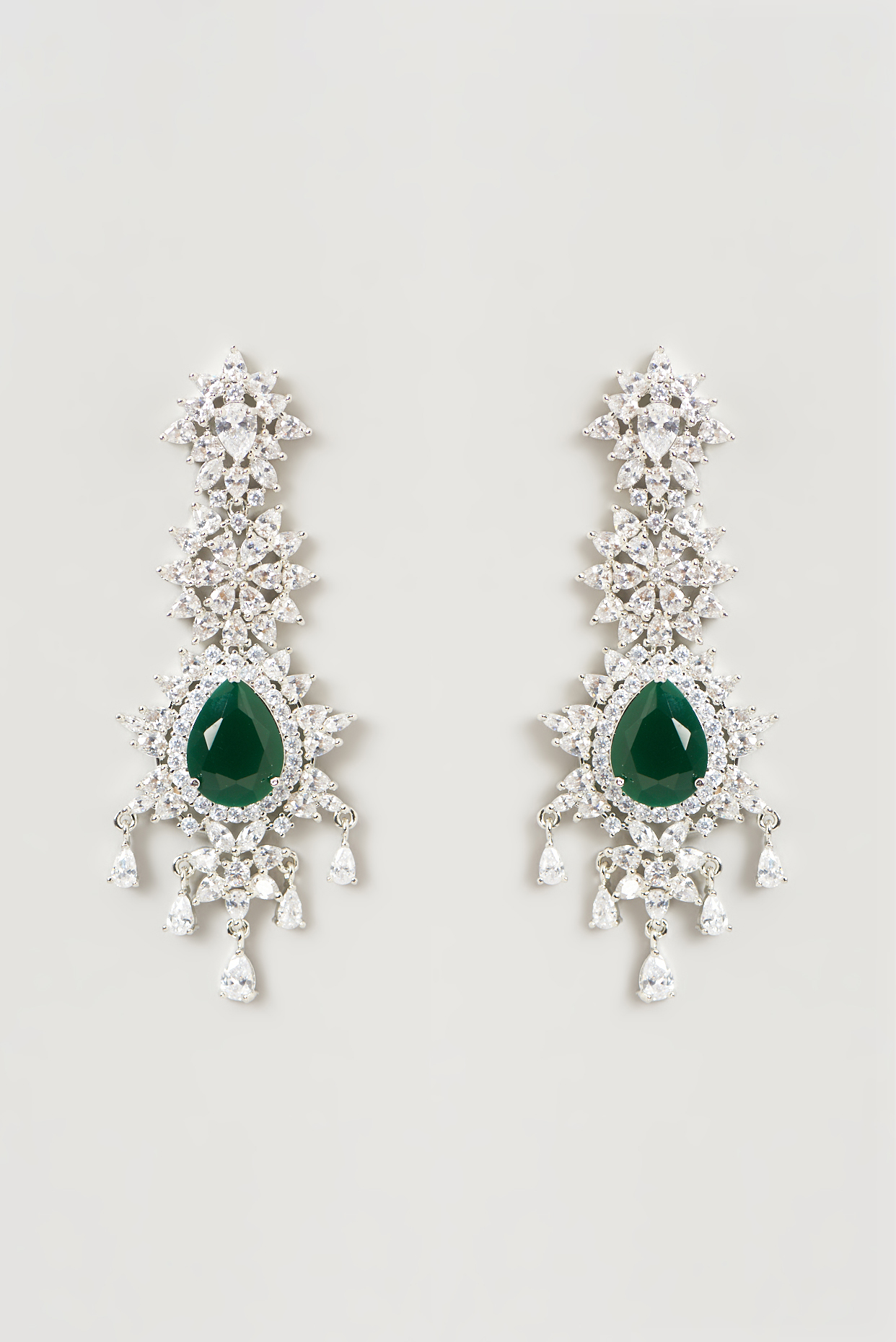 White Finish Faux Diamond & Emerald Dangler Earrings by Aster