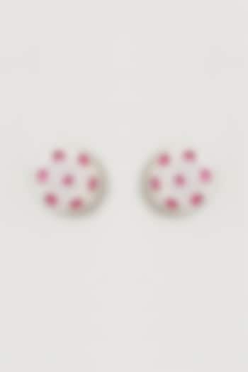 White Finish Faux Diamond & Ruby Stud Earrings by Aster