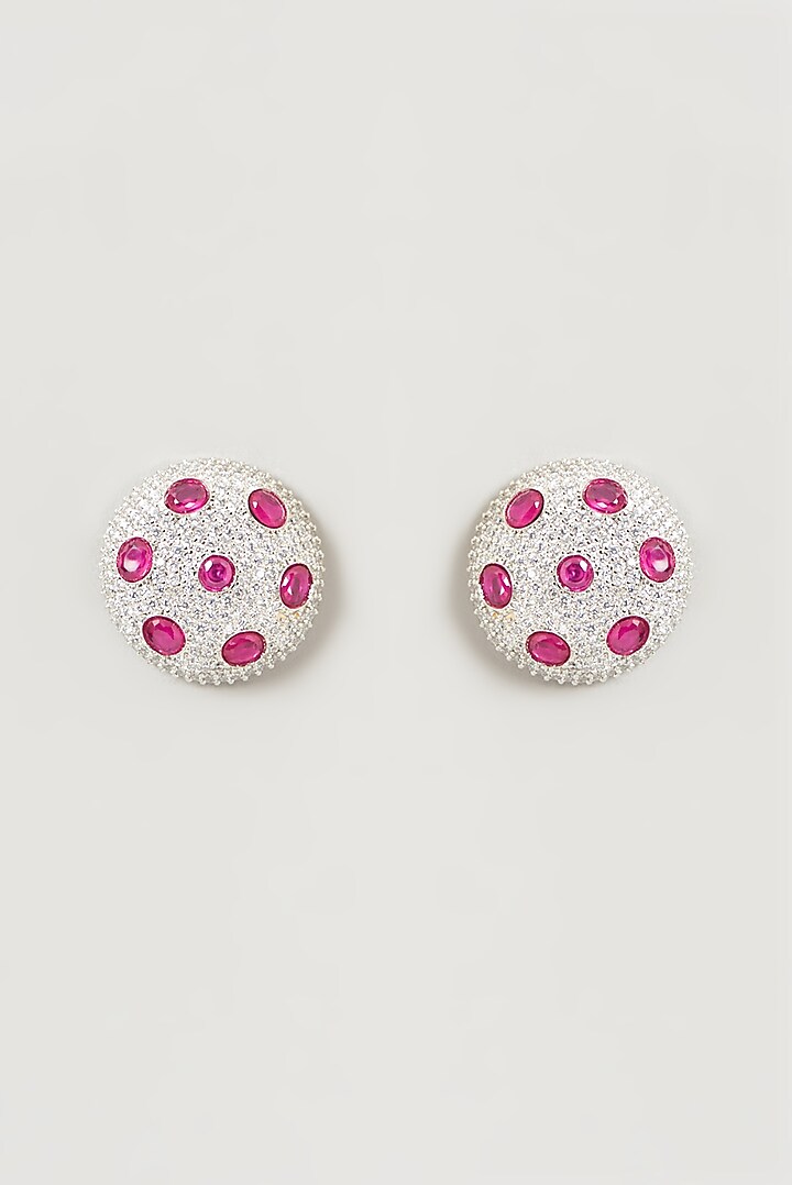 White Finish Faux Diamond & Ruby Stud Earrings by Aster