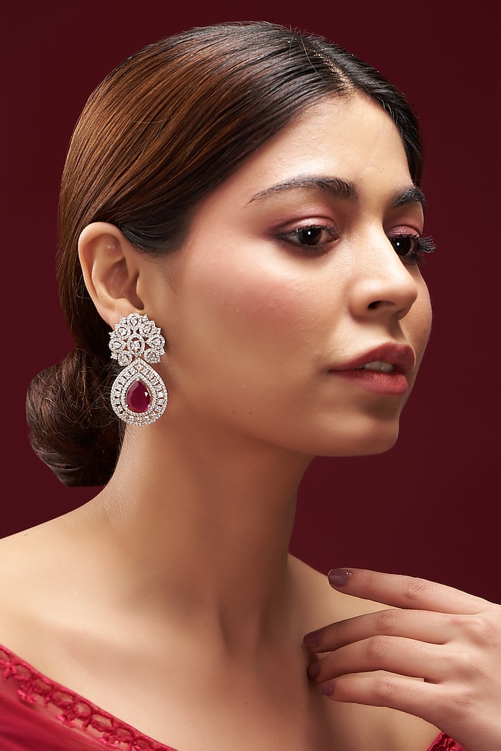 White Finish Faux Diamond & Ruby Dangler Earrings by Aster