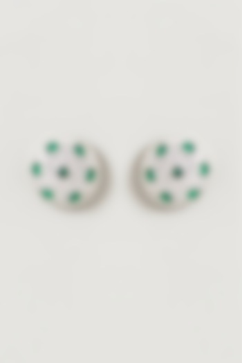 White Finish Faux Diamond & Emerald Stud Earrings by Aster