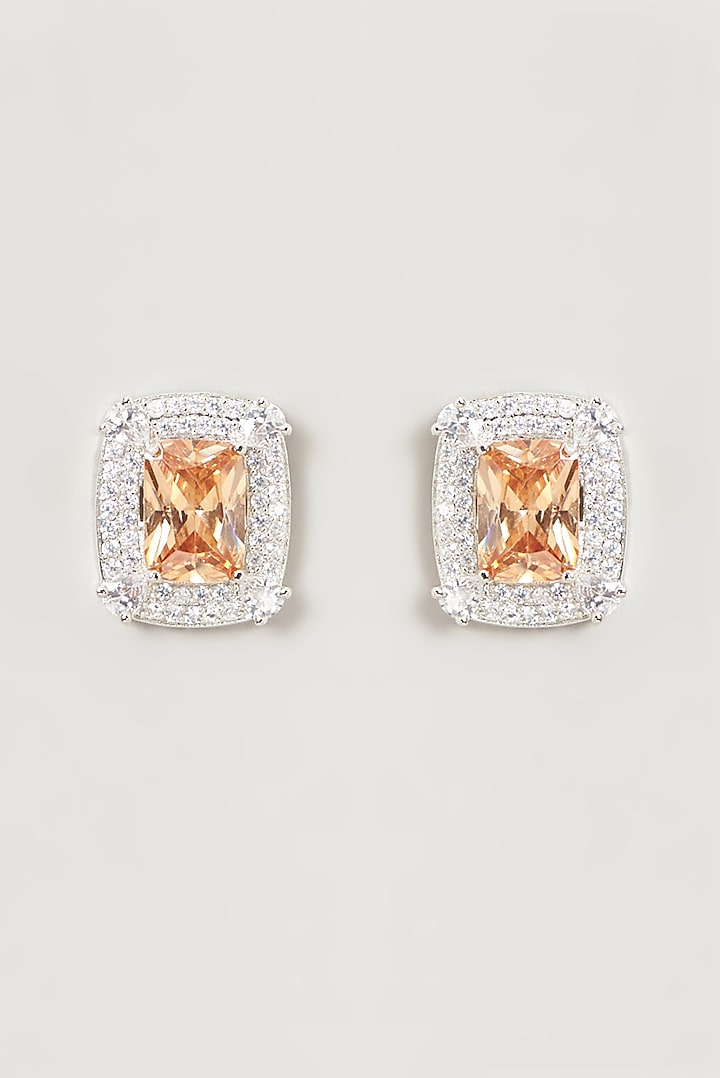 White Finish Faux Diamond & Champagne Synthetic Stone Stud Earrings by Aster