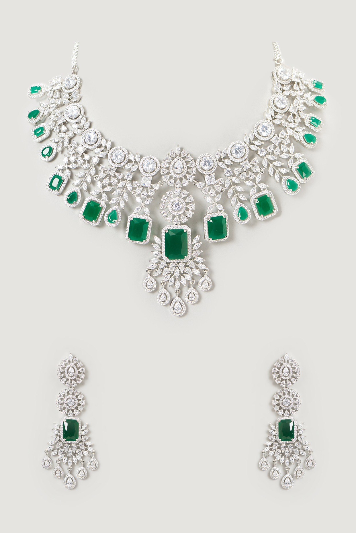 White Finish Emerald & Faux Diamond Necklace Set by Aster